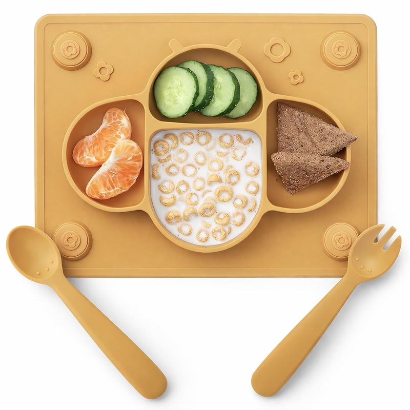 ROCCED Suction Plates for Baby Placemat Spoon Fork Set for Toddlers, Silicone Baby Plates with Suction Baby Dishes for Kids Plates-mustard - Image 1